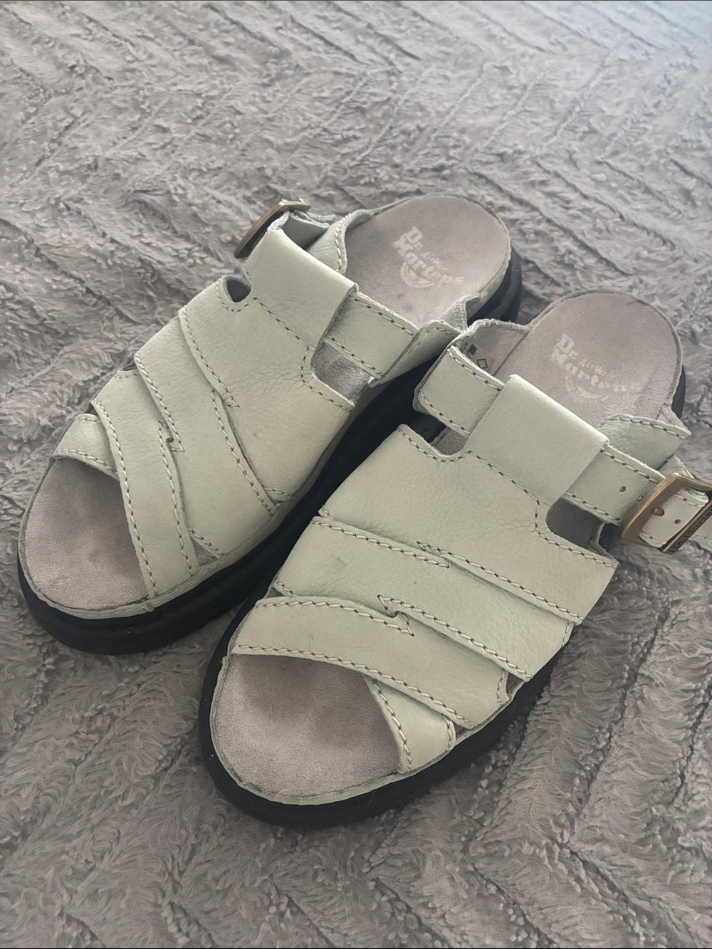 Dr. Martens Sage Green Leather Slide Sandals with Black Sole